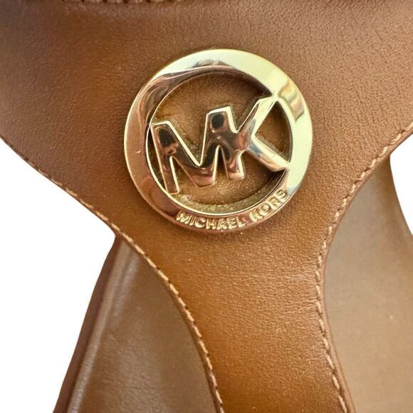 Michael Kors Brown Leather Sandals Gold MK Logo Size 9 - Picture 2 of 6